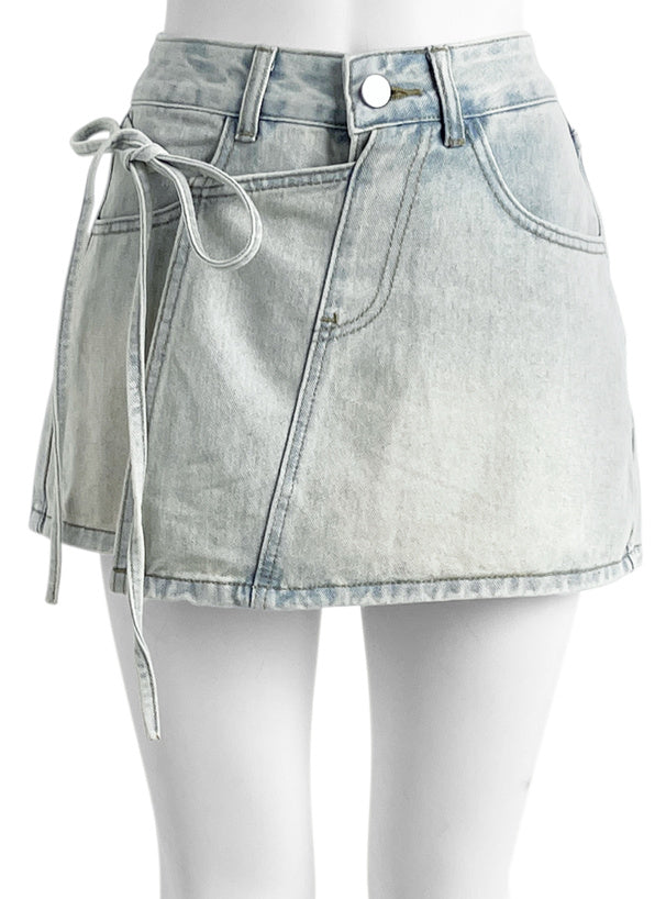 日本直送 [預購] 側蝴蝶結౨ৎ洗水色 牛仔裙褲  (Blue ブルー)