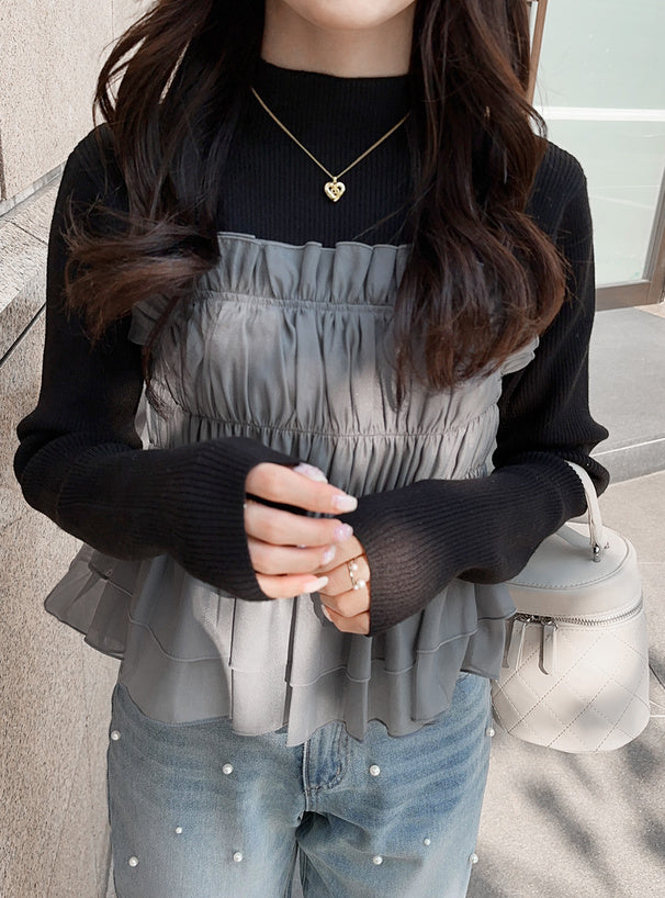 日本直送 [預購] 一套2件setup ⇉ 後綁蝴蝶౨ৎ背心➕企領針織上衣 ◍ 3色入