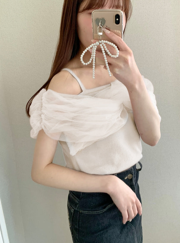 日本直送 [預購] 紗紗拼接針織·露肩上衣 ◍ 4色入