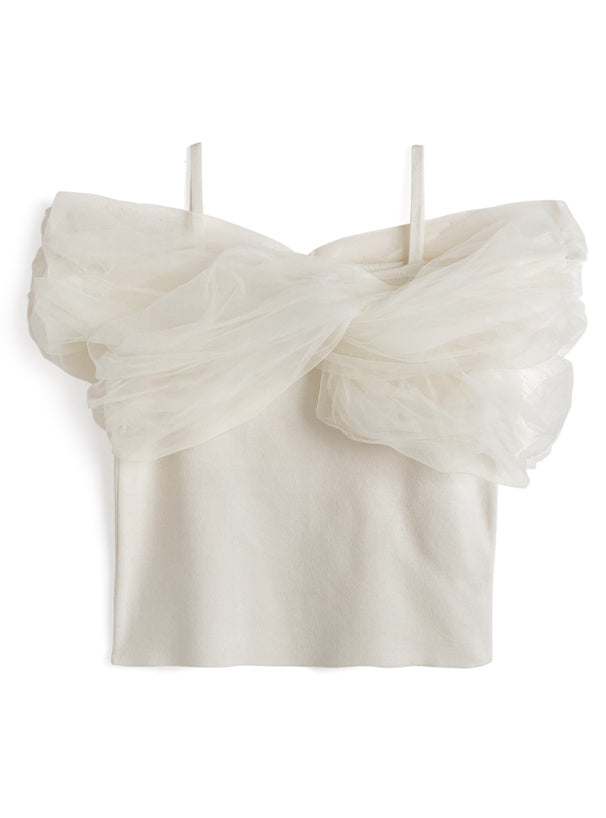 日本直送 [預購] 紗紗拼接針織·露肩上衣 ◍ 4色入