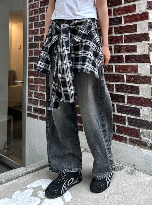 日本直送 [預購] 格仔恤布·拼接牛仔褲 (黑色 ブラック)