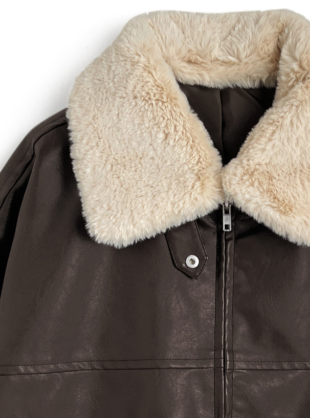 日本直送 [預購] 配可拆卸毛毛領口·女友風pu皮褸 ◍ 2色入