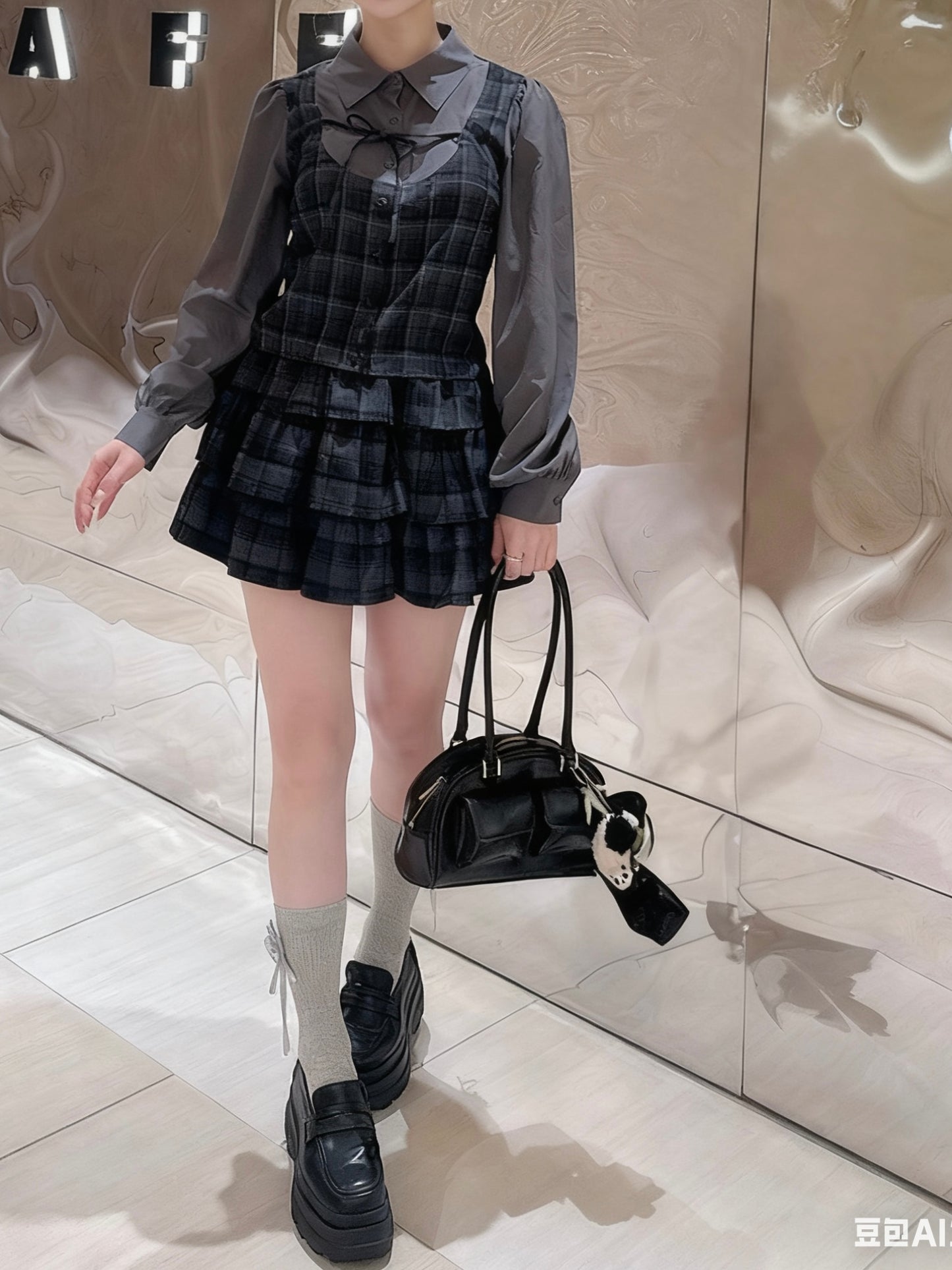 日本直送 [預購] 一套2件setup ⇉ 格仔拼接恤衫➕蛋糕短裙