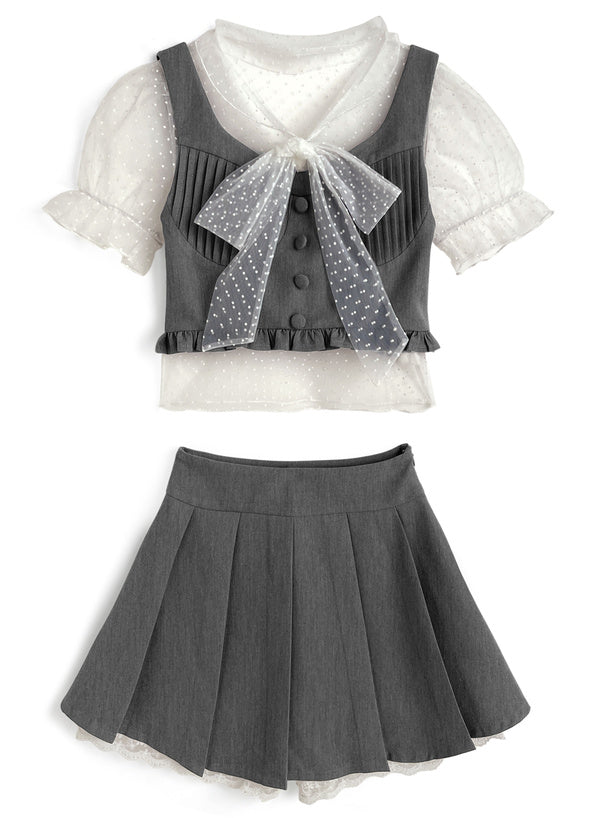 日本直送 [預購] 一套3件 ⇉ Dot薄紗上衣➕荷葉邊背心➕Lace百褶裙