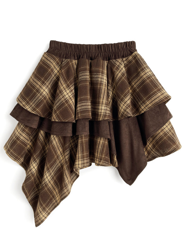日本直送 [預購] 下擺不規則Ruffle·拼接格仔短裙 ◍ 2色入