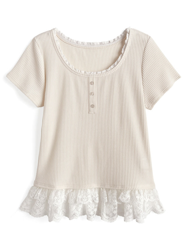 日本直送 [預購] 拼接下擺Ruffle花邊Lace上衣 ◍ 3色入