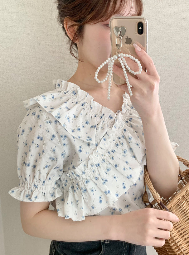 日本直送 [預購] 微泡袖·碎花皺摺邊上衣 (米白色)