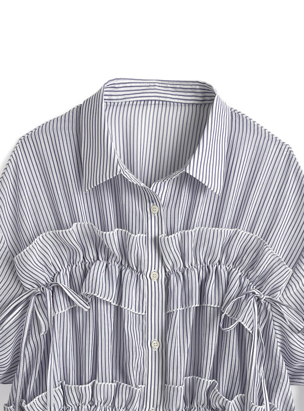 日本直送 [預購] 輕·透·間條皺褶౨ৎ上衣 (深藍)