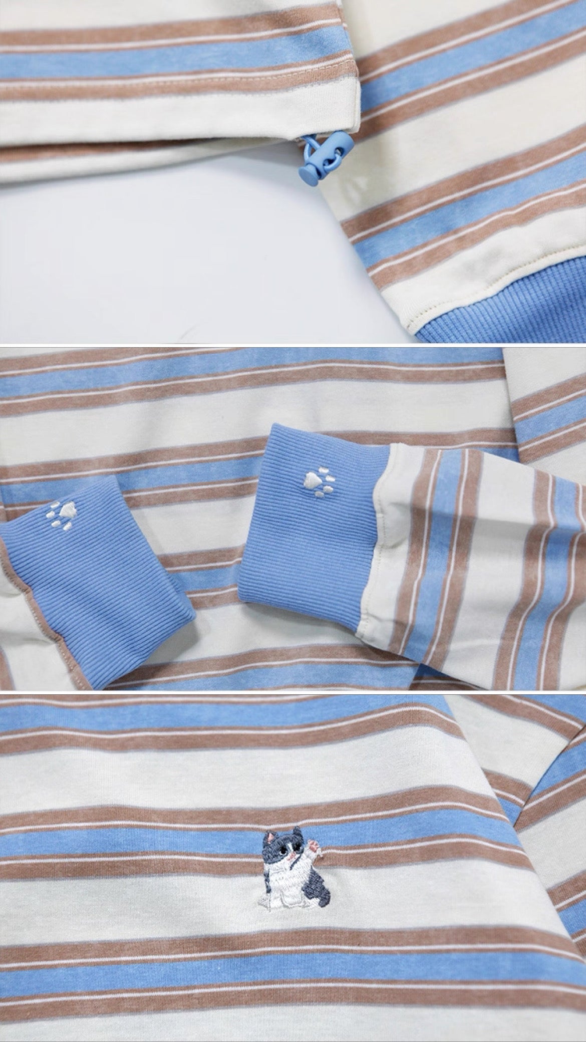 日本直送 [現貨] 貓仔刺繡·間條上衣 (藍 ブルー)