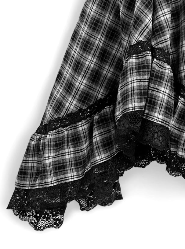 日本直送 [預購] 不規則蕾絲下擺·格仔短裙 (黑 ブラック)