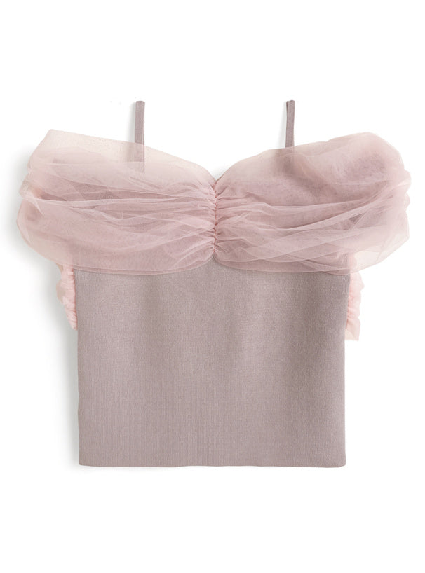 日本直送 [預購] 紗紗拼接針織·露肩上衣 ◍ 4色入