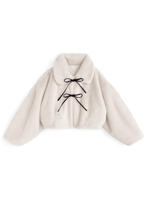 日本直送 [現貨/ 預購] 皮革蝴蝶結౨ৎ毛毛保暖外套 ◍ 3色入