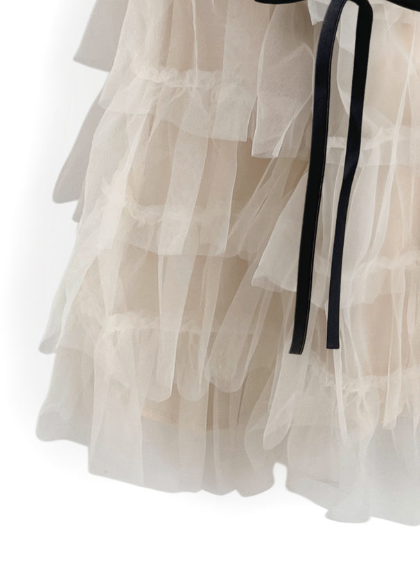 日本直送 [預購] 蝴蝶結౨ৎ紗紗蛋糕長裙 (米白 アイボリー)