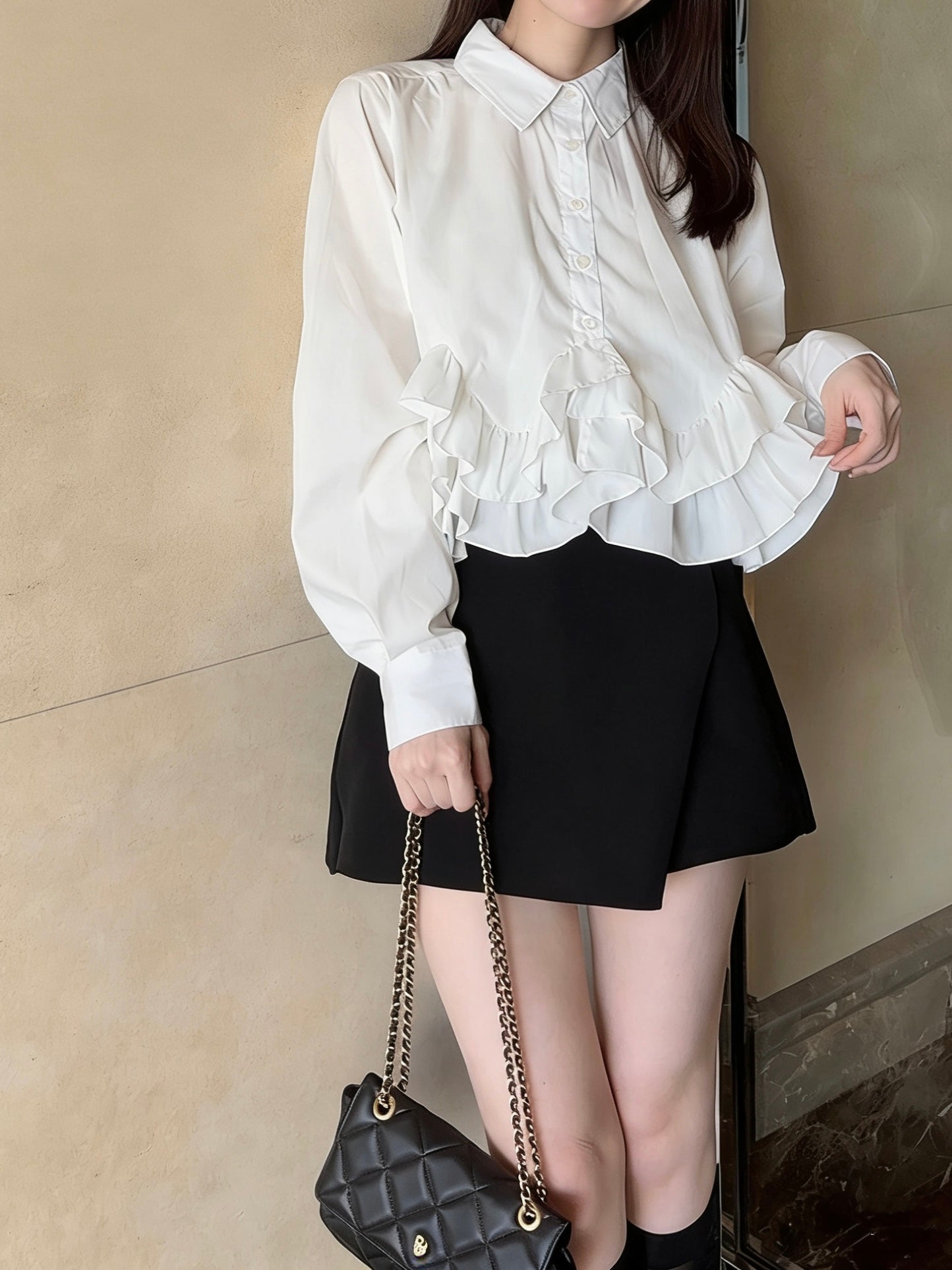 日本直送 [預購] 20%棉☁️ 下擺Ruffle恤衫 ◍ 4色入