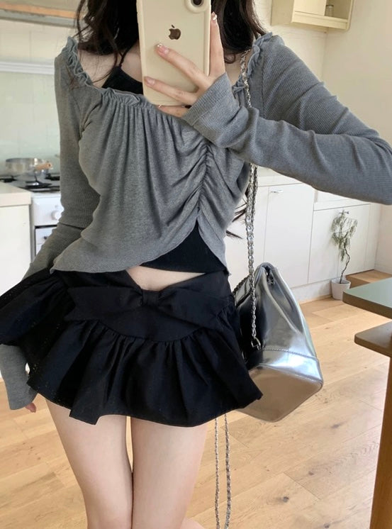 日本直送 [預購] 皺摺針織上衣➕掛頸背心 (灰 x 黑 グレー x ブラック)