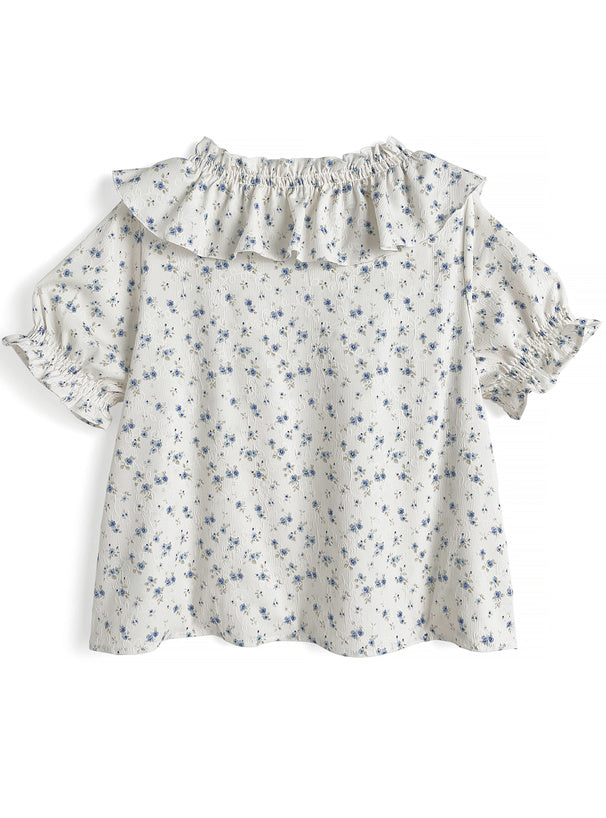 日本直送 [預購] 微泡袖·碎花皺摺邊上衣 (米白色)