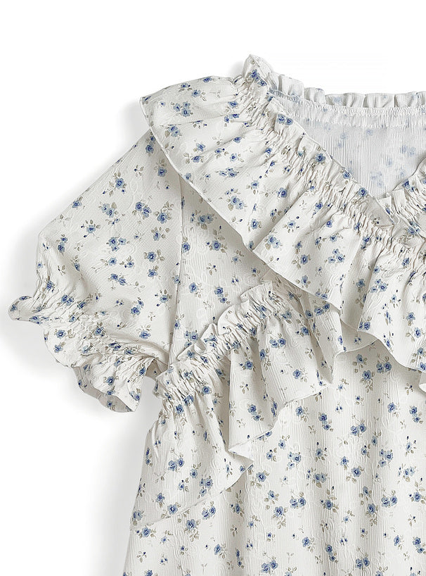 日本直送 [預購] 微泡袖·碎花皺摺邊上衣 (米白色)