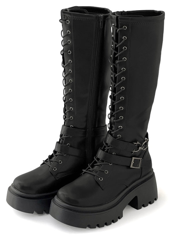 日本直送 [預購] 綁繩·8 CM厚底PU皮長靴 ◍ 3 色入