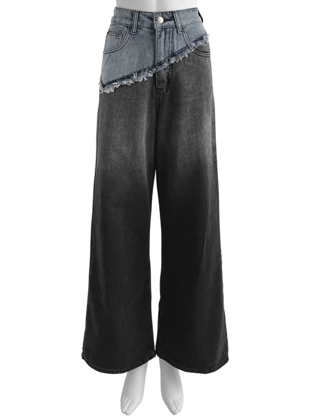 日本直送 [現貨] 拼色流蘇➕漸變色牛仔寬腳褲 (藍拼黑)