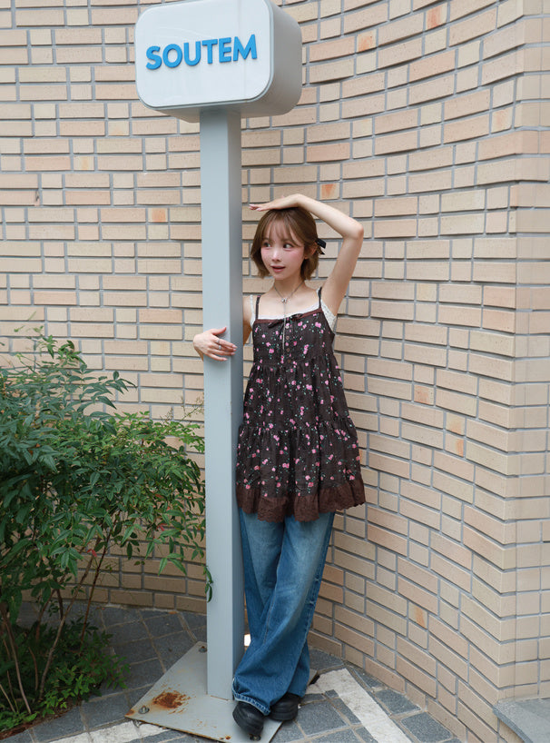 日本直送 [預購] Ruffle通花下擺౨ৎ碎花吊帶裙 (啡 ブラウン)