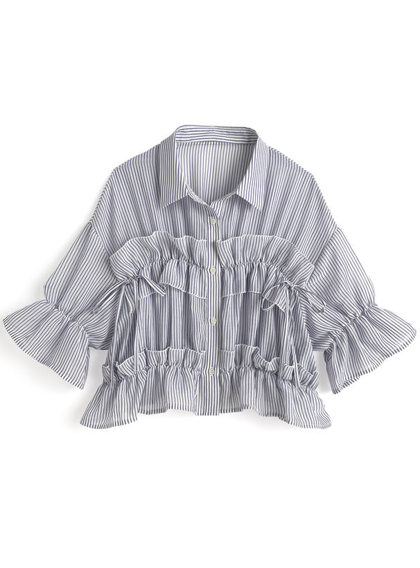 日本直送 [預購] 輕·透·間條皺褶౨ৎ上衣 (深藍)