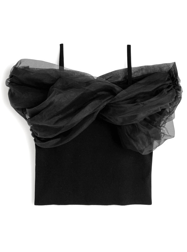 日本直送 [預購] 紗紗拼接針織·露肩上衣 ◍ 4色入