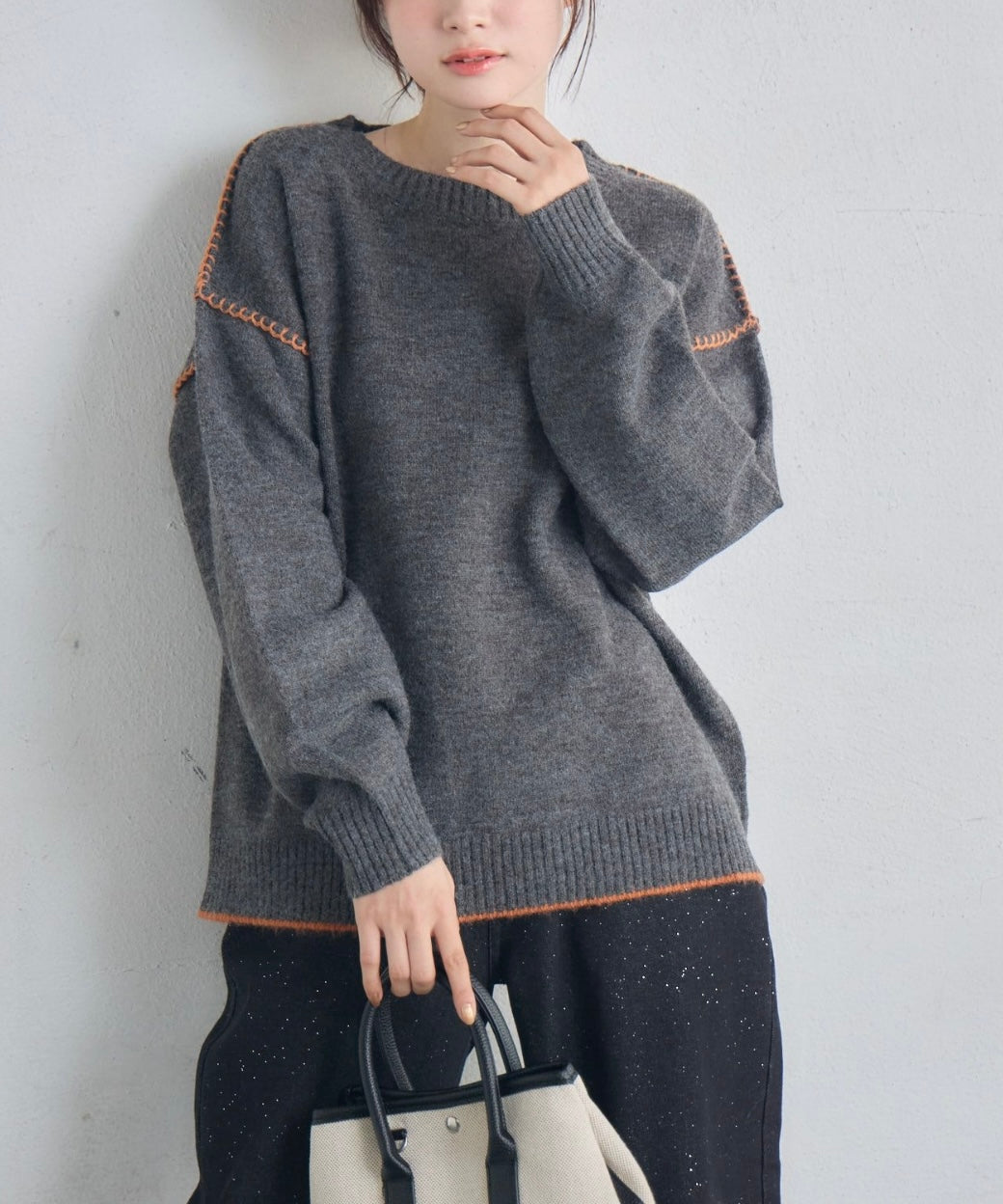 日本直送 [預購] 拼色刺繡🧶針織毛衣 (灰 チャコールグレー)