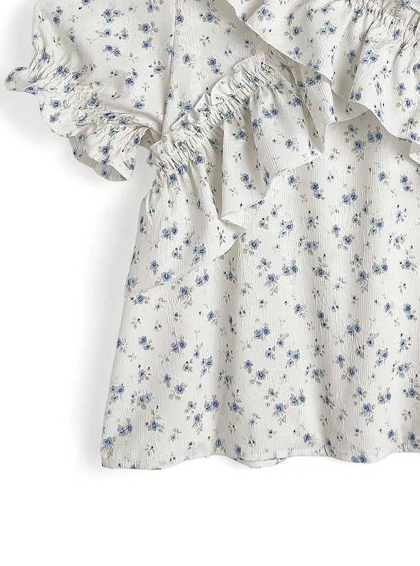 日本直送 [預購] 微泡袖·碎花皺摺邊上衣 (米白色)