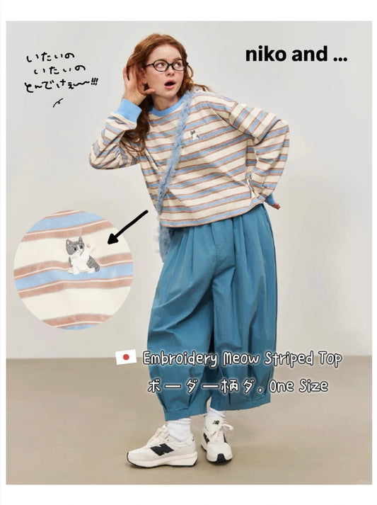 日本直送 [現貨] 貓仔刺繡·間條上衣 (藍 ブルー)