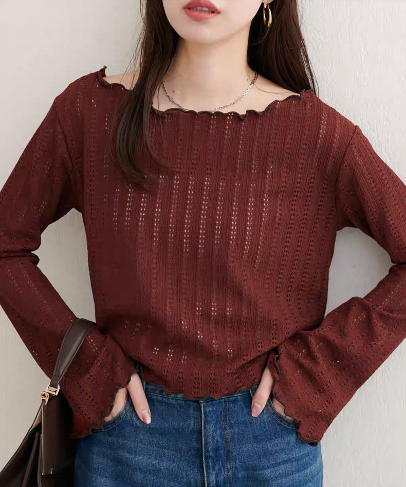 日本直送 [現貨] 拼色木耳邊·鏤空針織上衣 ◍ 2色入