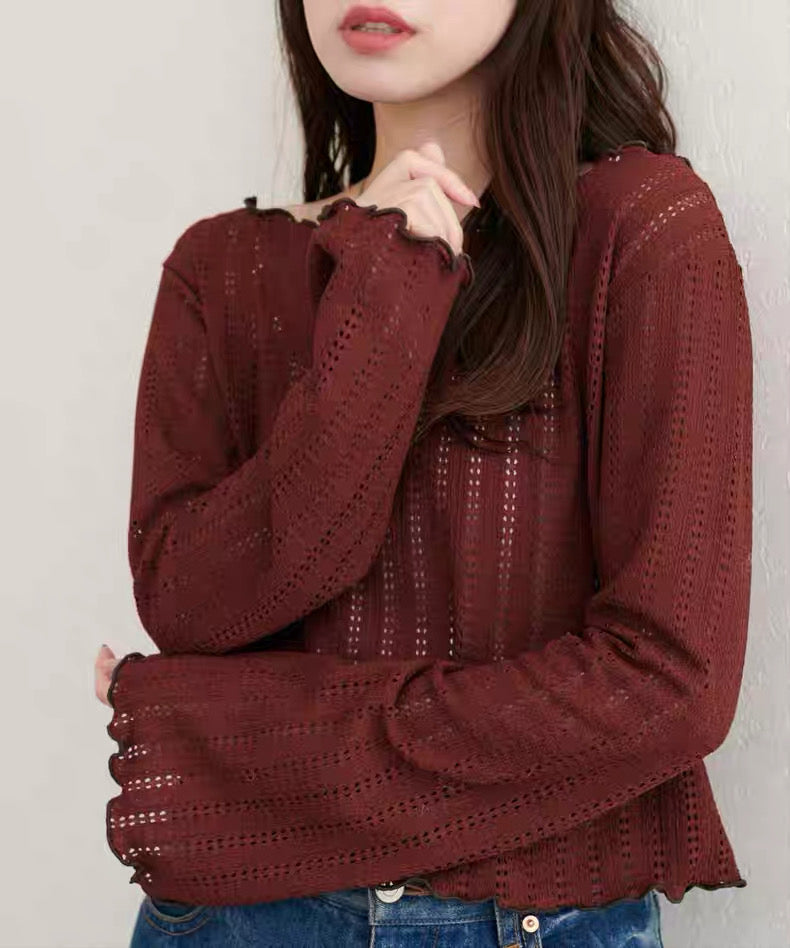 日本直送 [現貨] 拼色木耳邊·鏤空針織上衣 ◍ 2色入