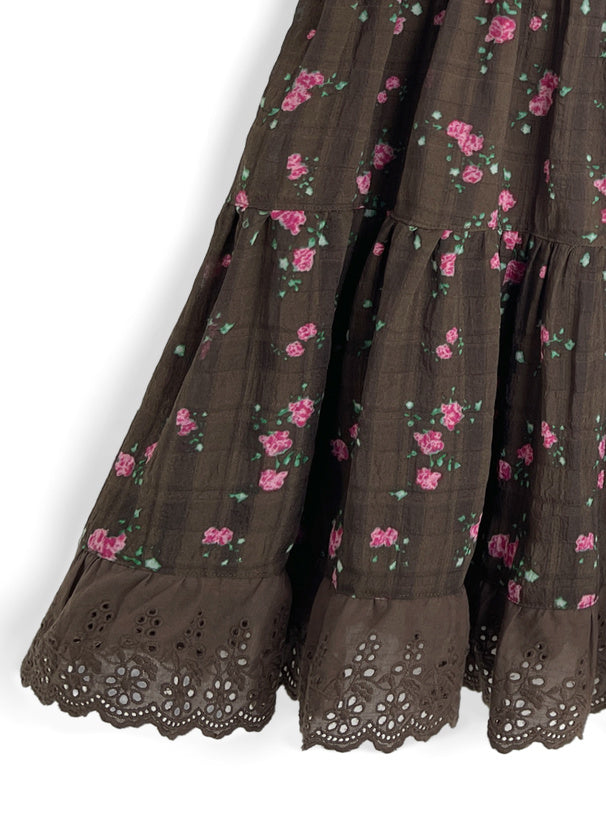 日本直送 [預購] Ruffle通花下擺౨ৎ碎花吊帶裙 (啡 ブラウン)