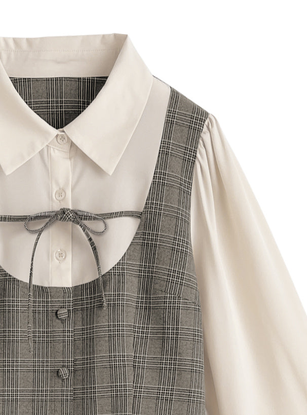 日本直送 [預購] 一套2件setup ⇉ 格仔拼接恤衫➕蛋糕短裙
