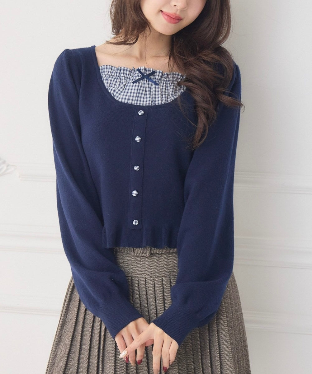 日本直送 [預購] 拼接格仔領口౨ৎ針織上衣 (ダークブルー 深藍)