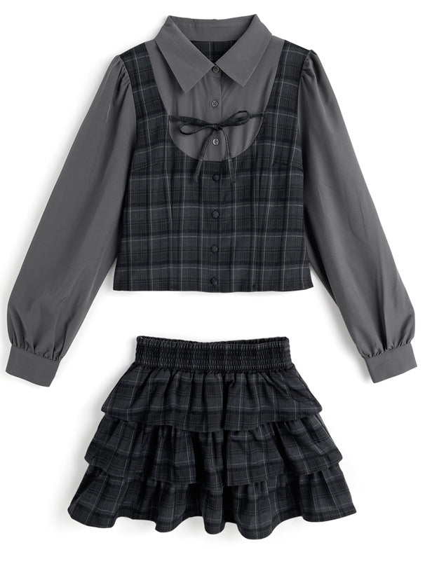 日本直送 [預購] 一套2件setup ⇉ 格仔拼接恤衫➕蛋糕短裙