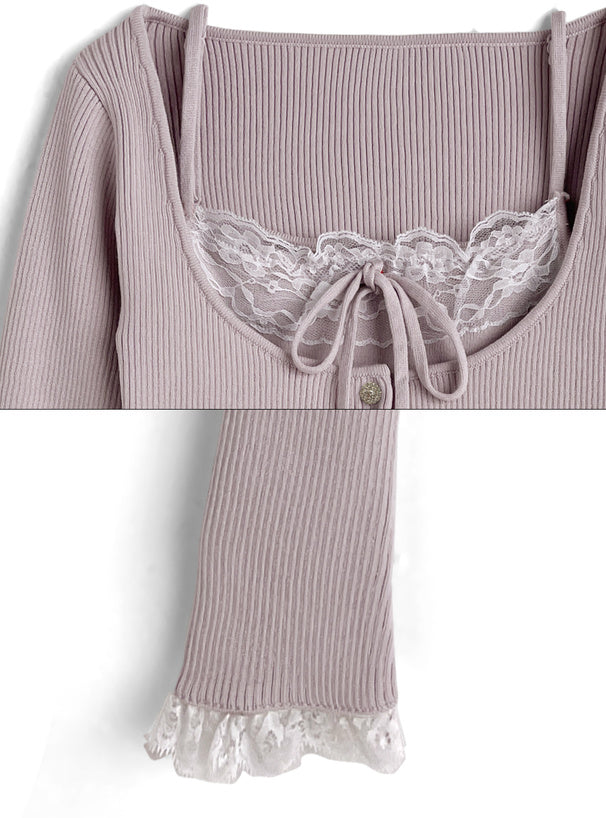 日本直送 [預購] 一套2件setup ⇉ 蕾絲拼接針織背心➕短外套 ◍ 3色入