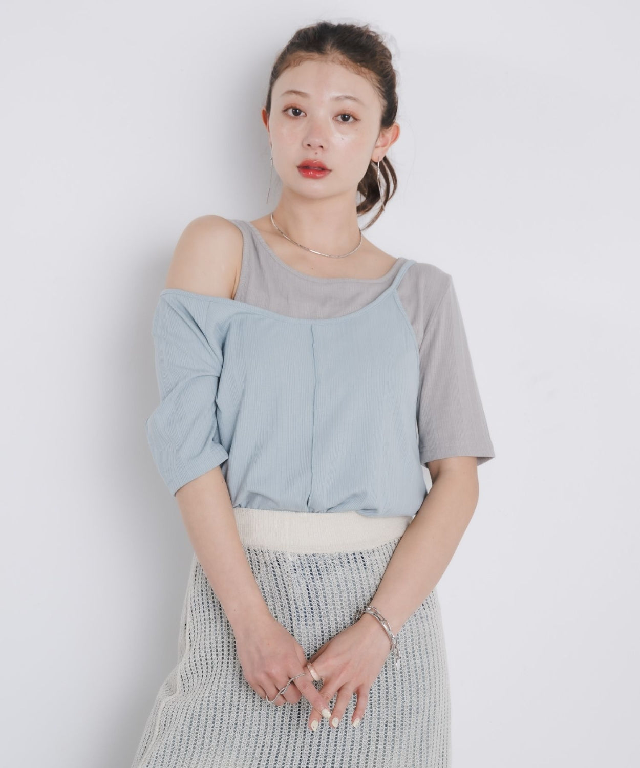 日本直送 [預購] 扮2件·拼接露肩上衣 ◍ 2色入