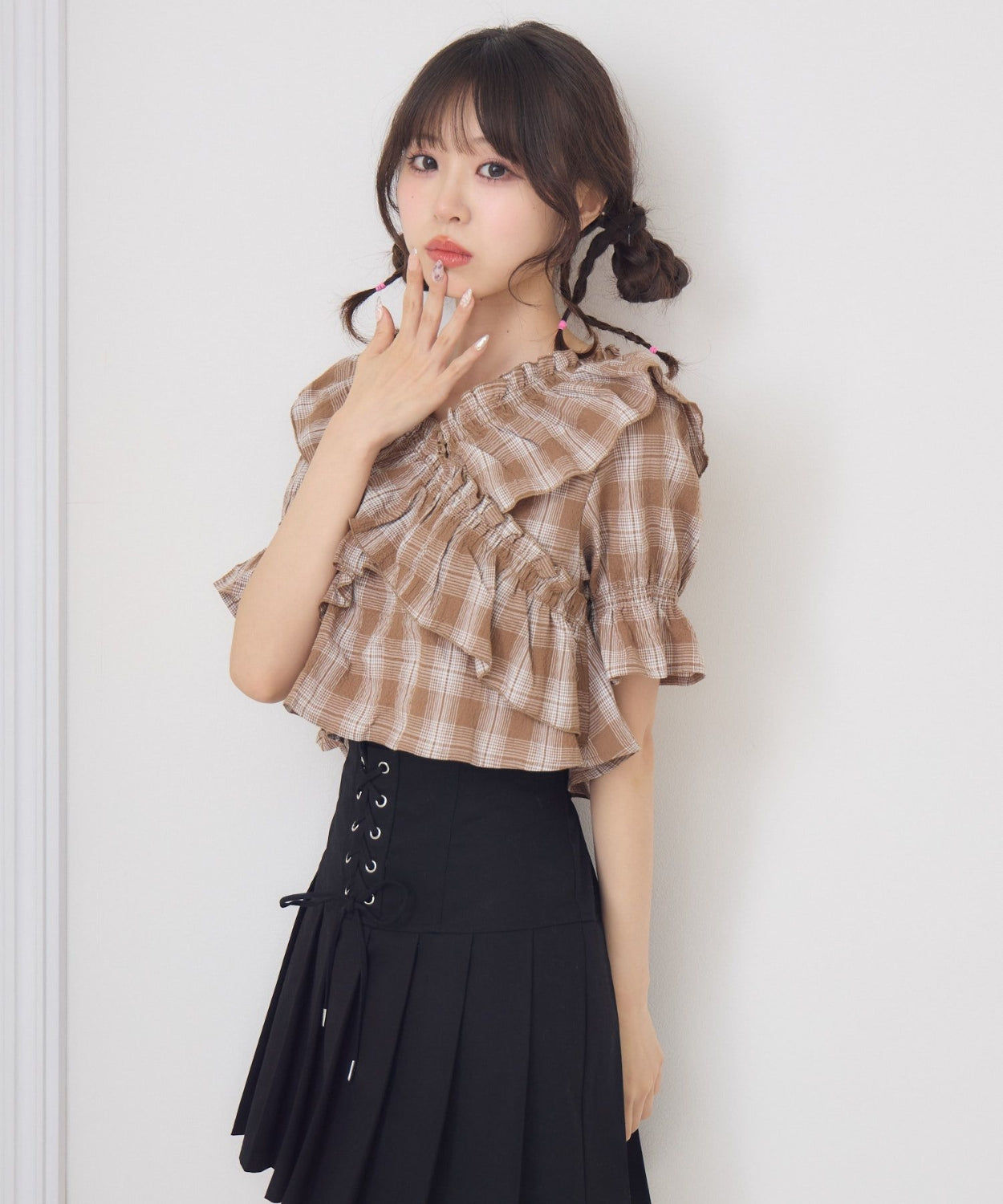 日本直送 [預購] 交叉Ruffle邊格仔上衣 ◍ 2色入