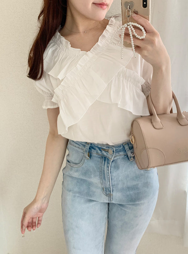 日本直送 [預購] 交叉皺褶Ruffle邊上衣 ◍ 3色入