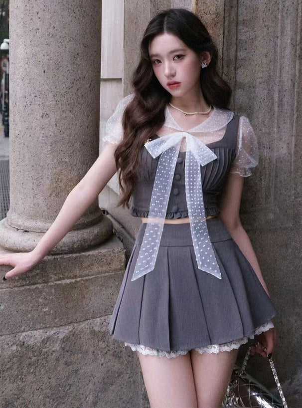 日本直送 [預購] 一套3件 ⇉ Dot薄紗上衣➕荷葉邊背心➕Lace百褶裙