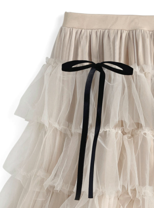 日本直送 [預購] 蝴蝶結౨ৎ紗紗蛋糕長裙 (米白 アイボリー)