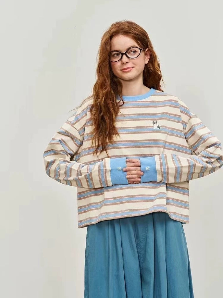 日本直送 [現貨] 貓仔刺繡·間條上衣 (藍 ブルー)