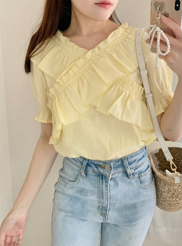 日本直送 [預購] 交叉皺褶Ruffle邊上衣 ◍ 3色入