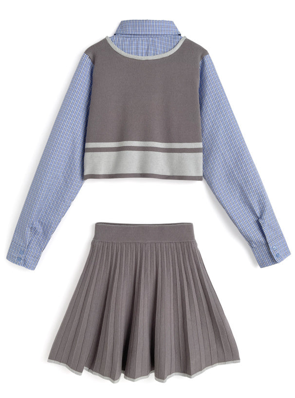 日本直送 [現貨/ 預購] 一套3件 ⇉ 扮2件背心拼接格仔恤衫➕可拆卸領呔➕針織百褶短裙 ◍ 2色入