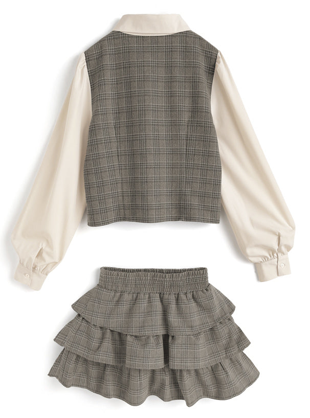 日本直送 [預購] 一套2件setup ⇉ 格仔拼接恤衫➕蛋糕短裙