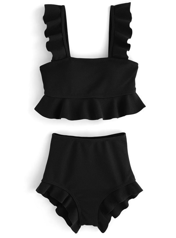 日本直送 [預購] 日本水著·一套2件 ⇉ 荷葉邊上衣➕高腰泳褲 ◍ 2色入