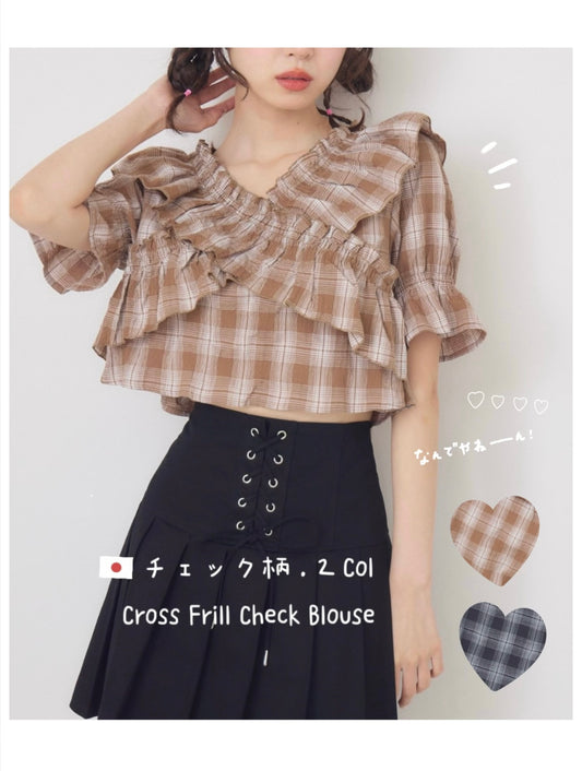 日本直送 [預購] 交叉Ruffle邊格仔上衣 ◍ 2色入