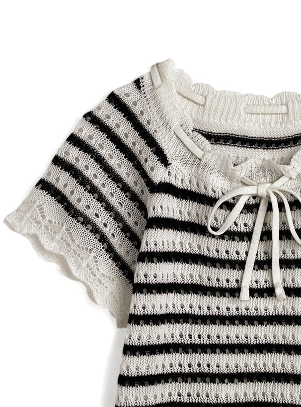 日本直送 [預購] 間條鏤空針織配蝴蝶౨ৎ 上衣