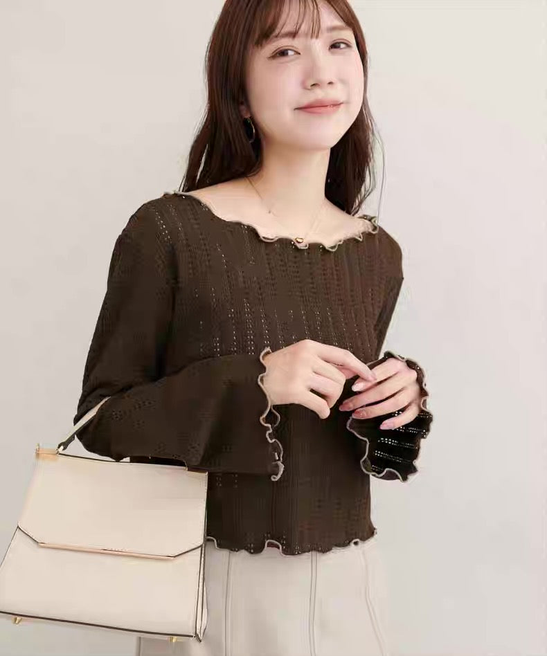 日本直送 [現貨] 拼色木耳邊·鏤空針織上衣 ◍ 2色入