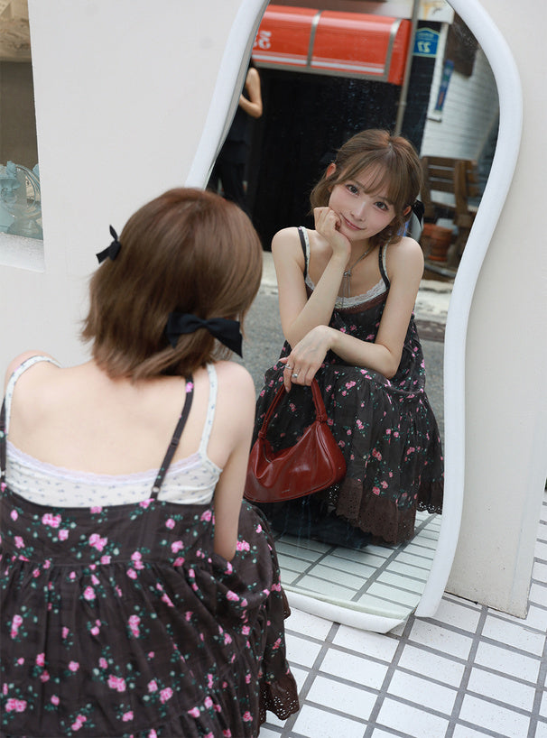 日本直送 [預購] Ruffle通花下擺౨ৎ碎花吊帶裙 (啡 ブラウン)